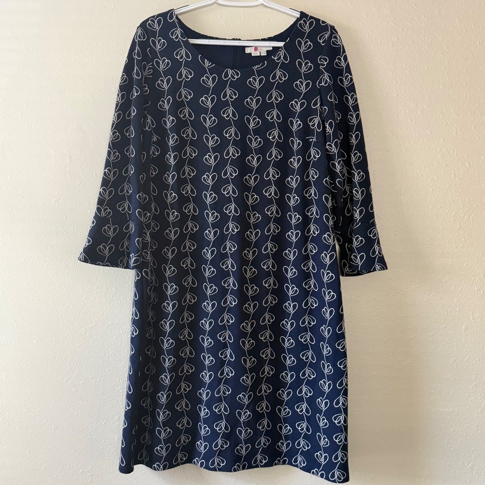 Boden Navy Blue White Heart Vine Embroidered Shift Dress US 14R J0232 Women